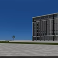 Modern Office Building With Glass Curtain Walls Landscaped Gardens And Spacious Plaza Under Blue Sky