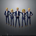 Five Cartoon Characters In Blue Suits Standing In A Row On Gray Background