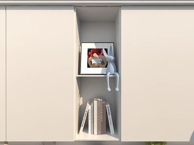 White Cabinet Shelf Decorative Ornament Set With Framed Artwork And Books 3d model
