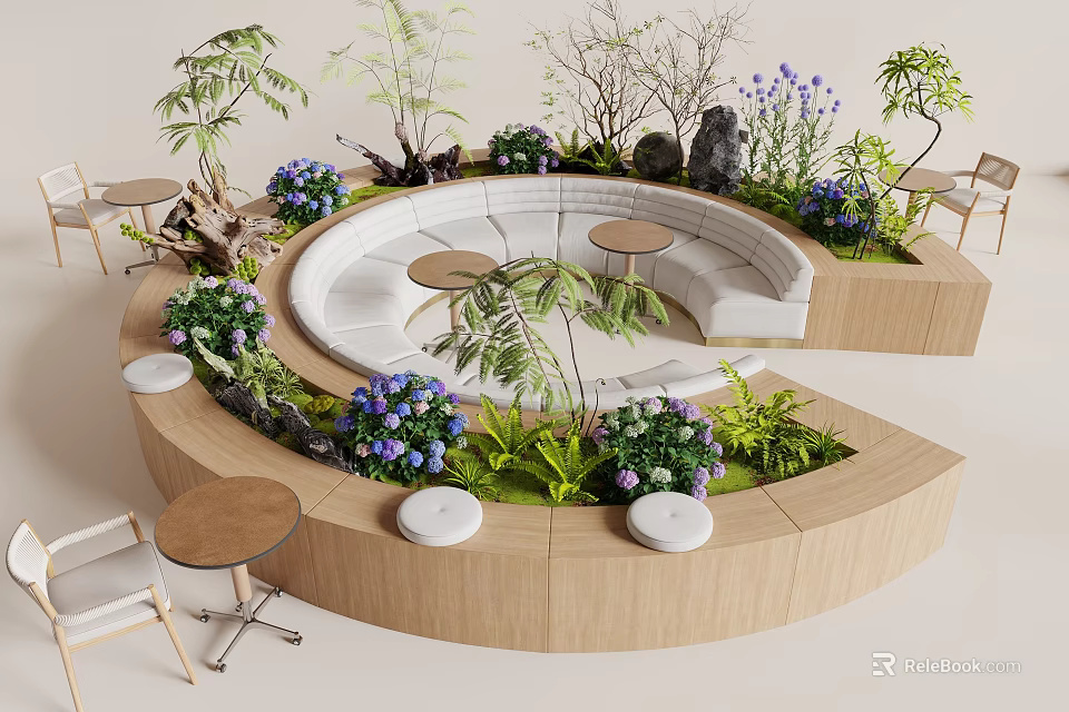 Circular Wooden Banquette Sofa With Green Plants And Small Round Tables 3d model 