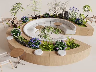 Circular Wooden Banquette Sofa With Green Plants And Small Round Tables 3d model