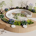 Circular Wooden Banquette Sofa With Green Plants And Small Round Tables