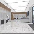 Modern Bank Lobby Interior With Service Counter Self-service Machines Sofas And Marble Floor