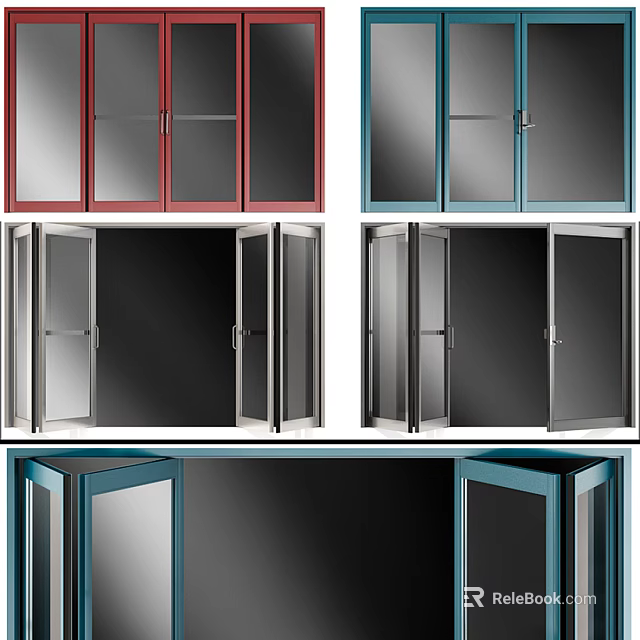 Modern Casement Windows With Red Blue Gray Frames And Open Sashes 3d model