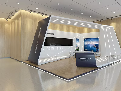 Modern Exhibition Booth Design With Digital Screens Brand Logo And Reception Area 3d model