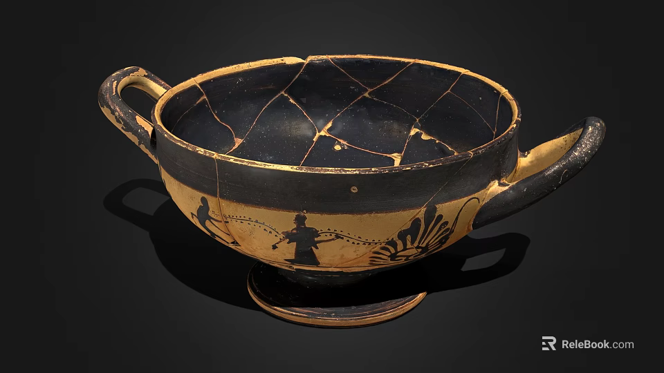 Ancient Ceramic Kylix with Black Gold Patterns Figural Motifs and Crackle Design 3d model 