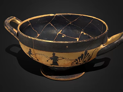 Ancient Ceramic Kylix with Black Gold Patterns Figural Motifs and Crackle Design 3d model