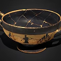 Ancient Ceramic Kylix with Black Gold Patterns Figural Motifs and Crackle Design