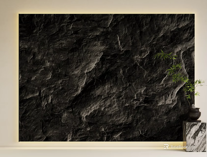 Black Rock Texture Background Wall With Green Plant And Marble Base 3d model