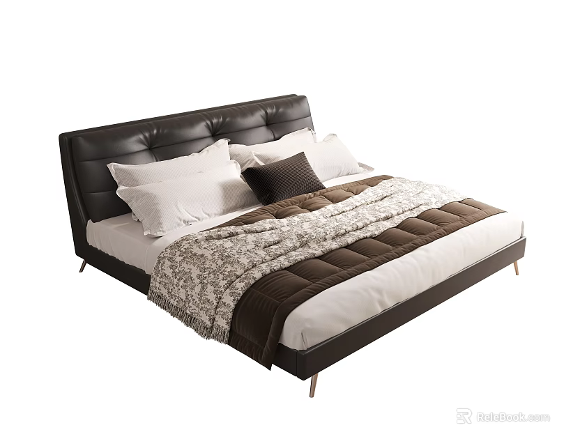 Double Bed With Tufted Leather Headboard Metal Frame White Pillows And Patterned Blanket 3d model