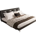 Double Bed With Tufted Leather Headboard Metal Frame White Pillows And Patterned Blanket 3d model