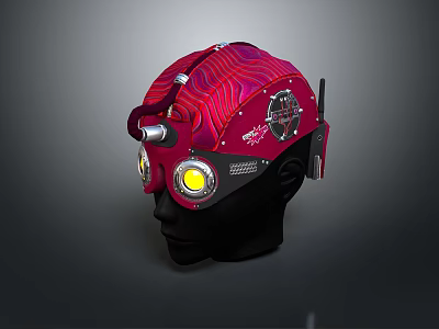 Red Futuristic Helmet With Mechanical Design Illuminated Lights And Textured Surface 3d model