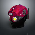 Red Futuristic Helmet With Mechanical Design Illuminated Lights And Textured Surface