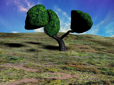 Cartoon Scene Featuring Unique Shaped Green Tree On Grassland With Blue Sky And Clouds 3d model