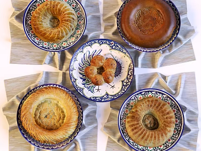 Assorted Golden and Brown Pastries on Blue White Decorative Plates with Various Shapes 3d model