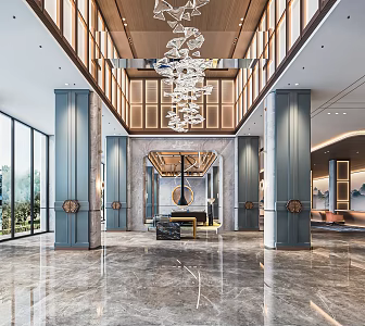 New Chinese Lobby Hotel Lobby Hotel Lobby Hotel Reception Area Reception Wall Panel Crystal Chandelier 3d model