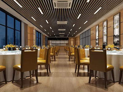 Elegant Restaurant Interior With Yellow Chairs White Round Tables Wooden Flooring And Large Windows 3d model