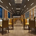 Elegant Restaurant Interior With Yellow Chairs White Round Tables Wooden Flooring And Large Windows