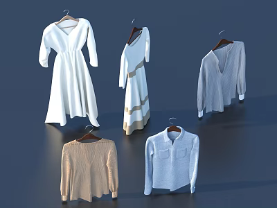 Various Stylish Clothes Hanging On Hangers With White Beige Light Gray Tones 3d model