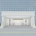 Modern Building Entrance featuring White Stone Structure Glass Curtain Wall Stone Lion Sculptures Green Plants