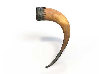 Curved Natural Horn Decorative Household Item With Carved Top And Metal Tip 3d model