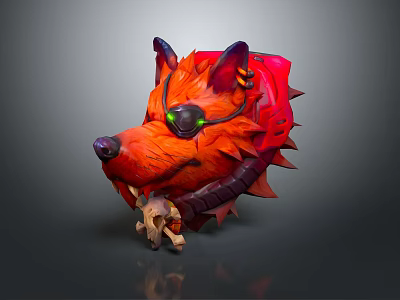 Futuristic Orange Wolf Character Design With One Eyed Goggle Spiked Collar And Small Skull 3d model