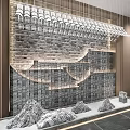 Modern Stone Background Wall With Layered Design Hanging Lights And Rock Decorations