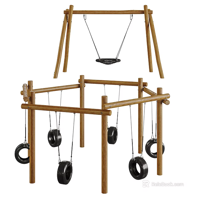 Wooden Playground Equipment with Tire Swings and Swing Frame for Kids 3d model 