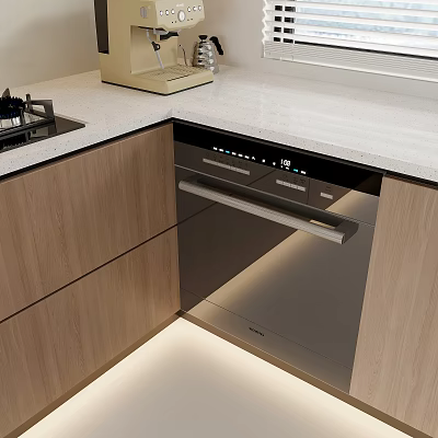 Modern Kitchen Interior With Stainless Steel Built-in Dishwasher Wooden Cabinets And White Countertop 3d model