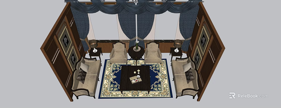 Elegant Sofa Coffee Table Combination Interior With Wooden Panels Blue Curtains Side Tables And Chandelier 3d model 