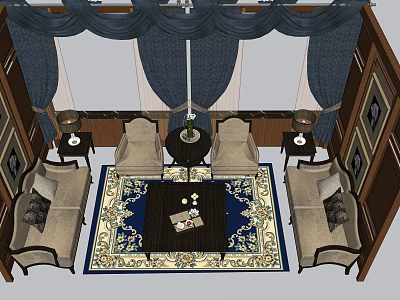 Elegant Sofa Coffee Table Combination Interior With Wooden Panels Blue Curtains Side Tables And Chandelier 3d model