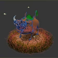 3D Orange Warthog Standing On Cracked Ground With Grass And Flying Small Stones