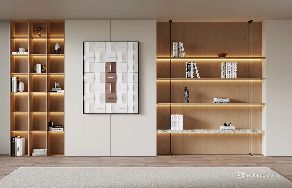 Modern Wooden Bookcase With Layered Design In Living Room Featuring LED Lighting And Decor Items 3d model 