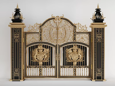 Ornate Gold And Black Entrance Gate With Carved Heraldic Elements Decorative Pillars And Top Ornaments 3d model