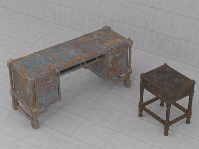 Vintage Rustic Desk With Blue Brown Surface Carved Legs And Matching Stool 3d model