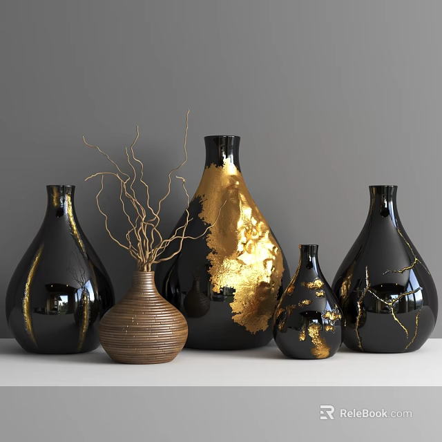 Black Gold And Textured Brown Ceramic Vessels With Gold Accents And Dried Branches 3d model 