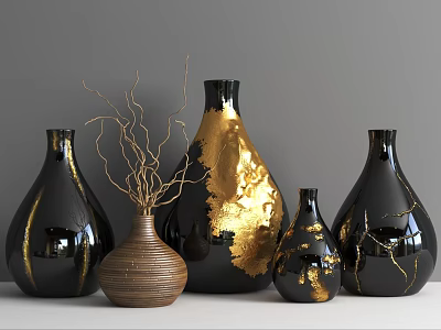 Black Gold And Textured Brown Ceramic Vessels With Gold Accents And Dried Branches 3d model