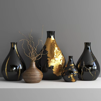 Black Gold And Textured Brown Ceramic Vessels With Gold Accents And Dried Branches 3d model