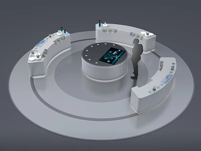 Manufacturing Smart Workstation With Circular Interactive Display Console And Surrounding Product Showcases 3d model