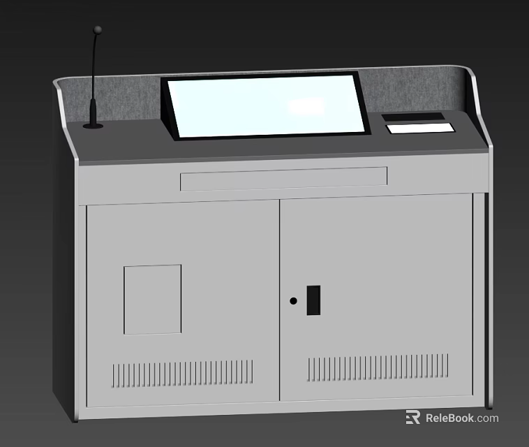 Modern Reception Desk With Display Screen Microphone Cabinet Doors And Ventilation Grilles 3d model 