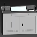 Modern Reception Desk With Display Screen Microphone Cabinet Doors And Ventilation Grilles