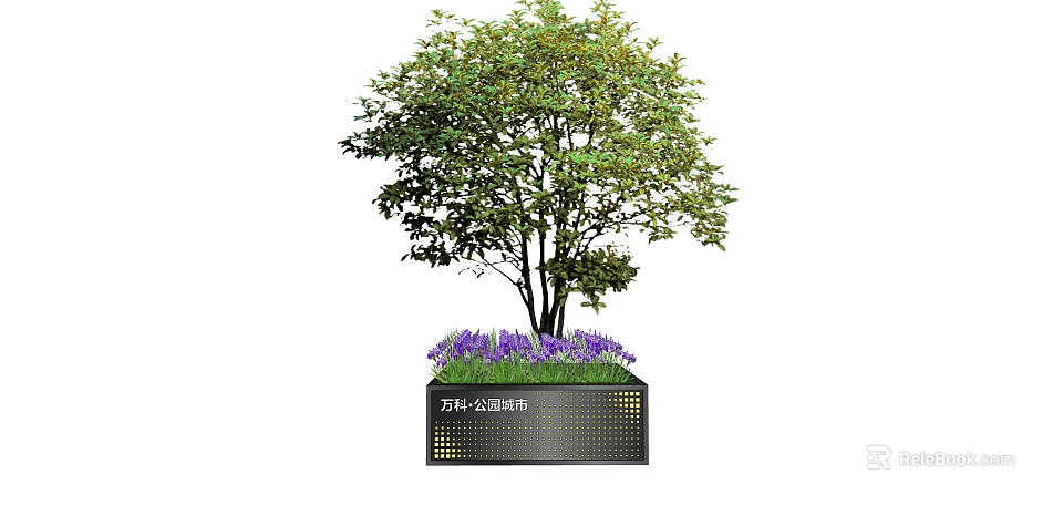 Vanke Park City Black Flower Planter With Tree And Purple Flowers 3d model 