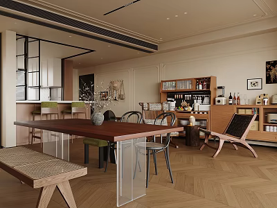 Modern Restaurant Interior With Long Dining Table Transparent Chairs And Herringbone Wooden Floor 3d model