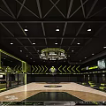 Modern Basketball Gym Interior With Wooden Court Floor Suspended Scoreboard And LED Lighting