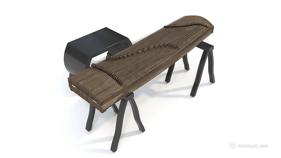 Traditional Wooden Stringed Instrument With Black Soundbox And Metal Stand Legs 3d model 