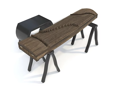 Traditional Wooden Stringed Instrument With Black Soundbox And Metal Stand Legs 3d model