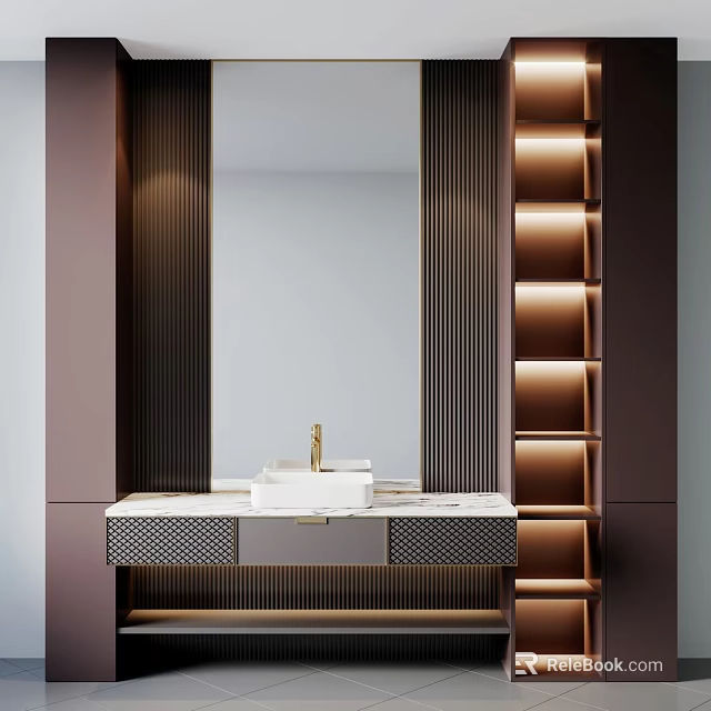 Modern Bathroom Vanity With Marble Countertop Mirror And Illuminated Gold Accent Shelves 3d model 