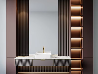Modern Bathroom Vanity With Marble Countertop Mirror And Illuminated Gold Accent Shelves 3d model