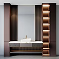 Modern Bathroom Vanity With Marble Countertop Mirror And Illuminated Gold Accent Shelves