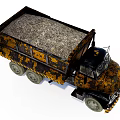 Old Rusty Yellow And Black Dump Truck With Worn Camouflage Design And Headlights